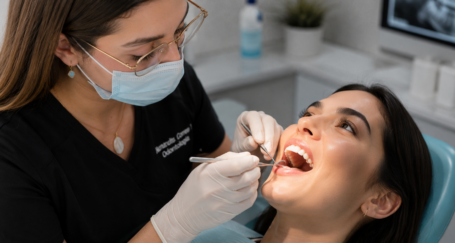 Dra. Bernardita Correa, dentista en Pucón, realizando una consulta dental